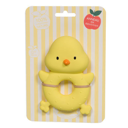 Anneau de dentition poussin jaune Amadeus Les Petits en caoutchouc naturel sur emballage cadeau.