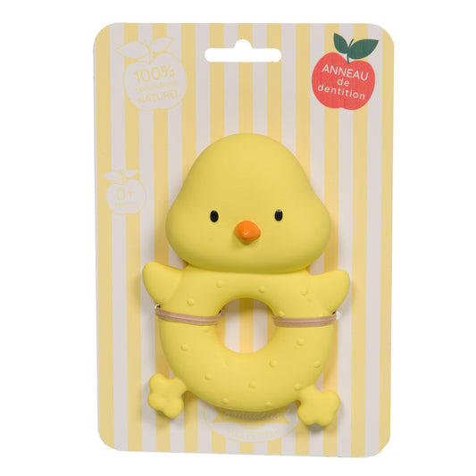 Anneau de dentition poussin jaune Amadeus Les Petits en caoutchouc naturel sur emballage cadeau.