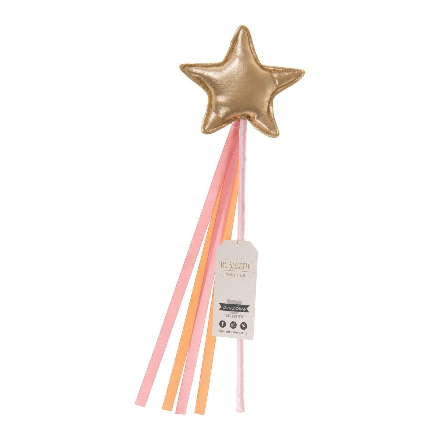 Baguette magique pour enfant avec étoile rose gold métallisée et rubans colorés suspendus.