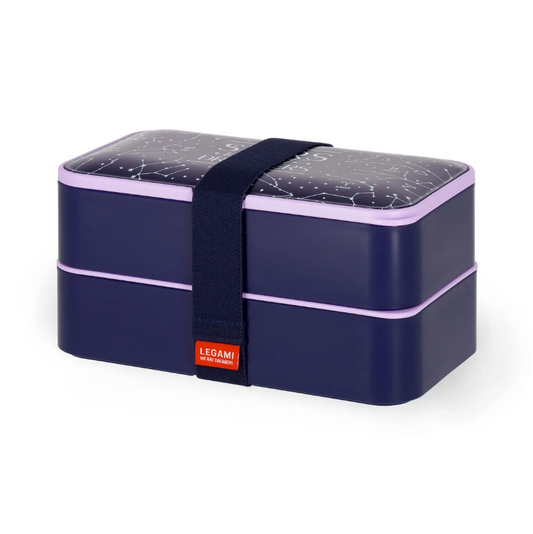 Lunch Box bleue Stars Legami avec motifs constellations dorées et bande élastique.