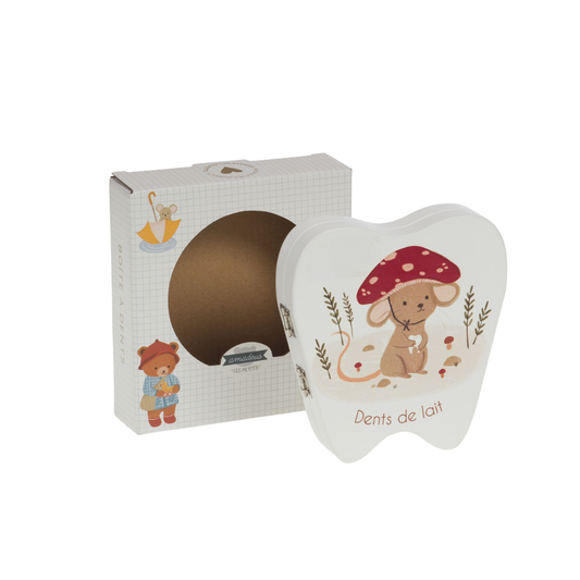 Boîte de rangement pour dents de lait en bois MDF en forme de dent avec illustration douce pour enfant, modèle Gaston.