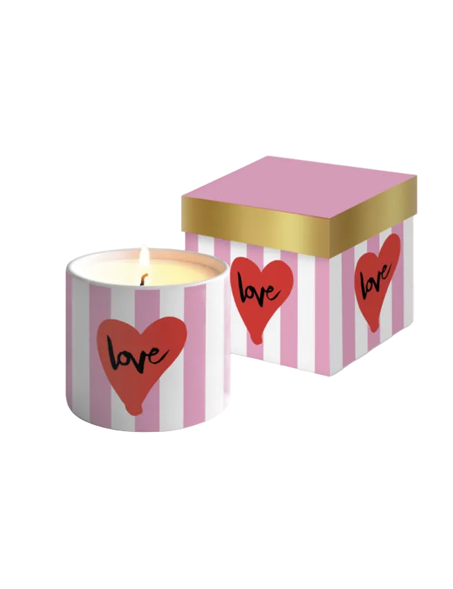 Bougie décorative Love en pot porcelaine rayé rose et blanc avec boîte cadeau luxe.
