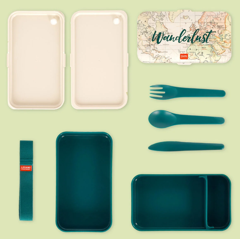 Vue de l'intérieur de la boîte repas Legami montrant les deux compartiments et les couverts.