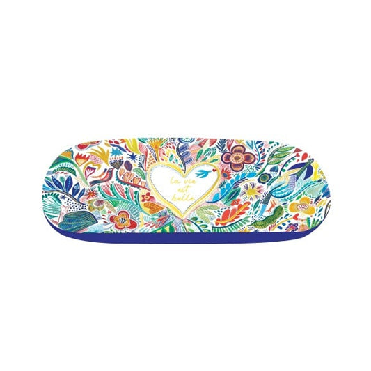 Étui à lunettes rigide multicolore Cartes d'Art avec message La Vie est Belle, fleurs et oiseaux.