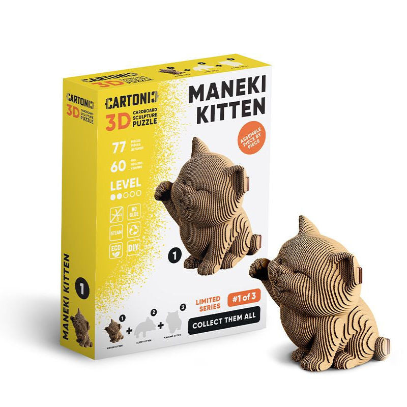 Puzzle 3D en carton recyclé représentant un petit chaton Maneki assis, kit de montage DIY Cartonic.