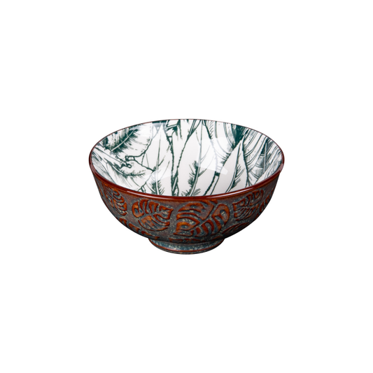 Coupelle moyenne en porcelaine décorée de feuilles de jungle vertes à l'intérieur et brun mat à l'extérieur, collection Paraguay.