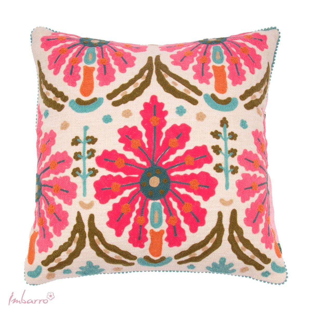 Coussin brodé pompons Amara 50x50 cm coton fait main pastel Imbarro – MT Boutique