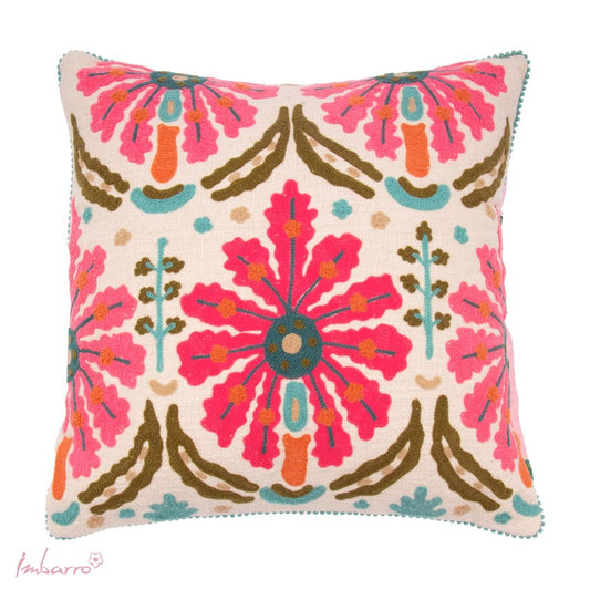 Coussin brodé pompons Amara 50x50 cm coton fait main pastel Imbarro – MT Boutique
