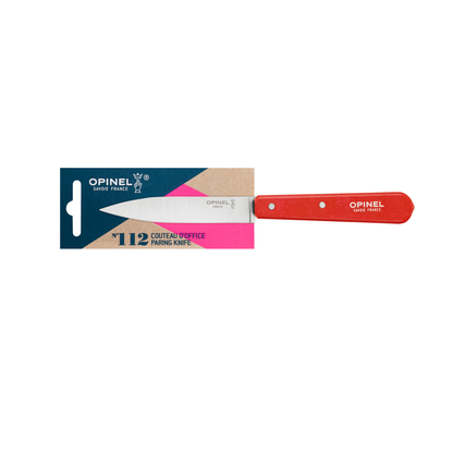 Petit couteau de cuisine Opinel N°112 avec manche en bois rouge et lame pointue en acier inoxydable.