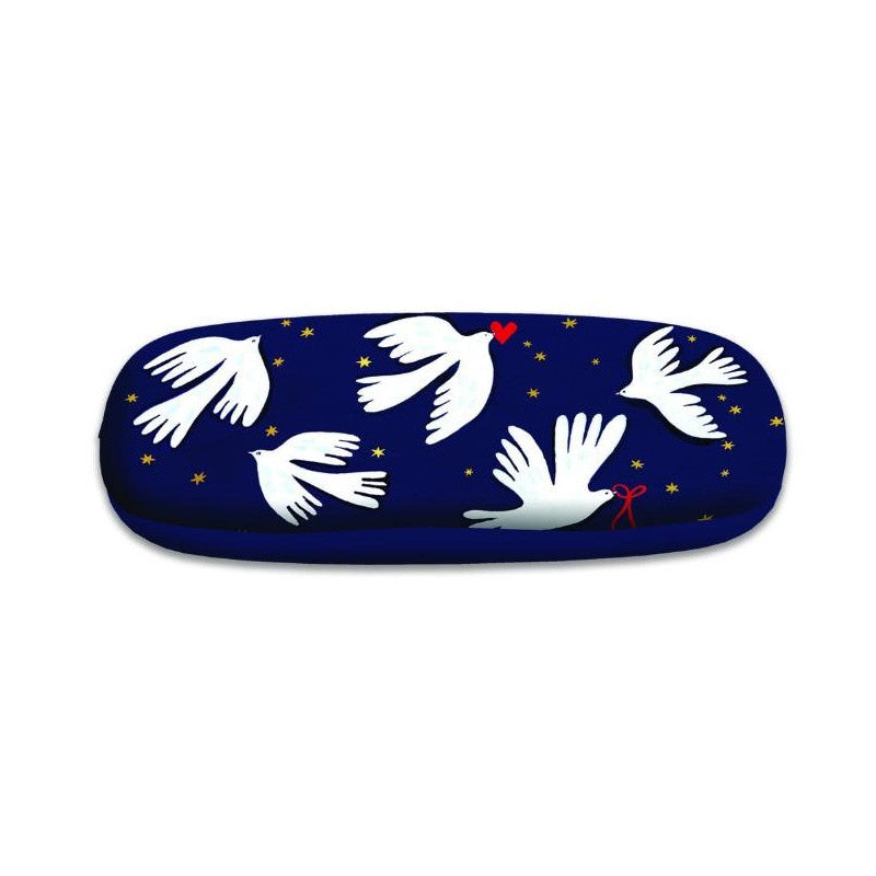 Étui à lunettes rigide bleu nuit avec motif de colombes blanches et étoiles Cartes d'Art.