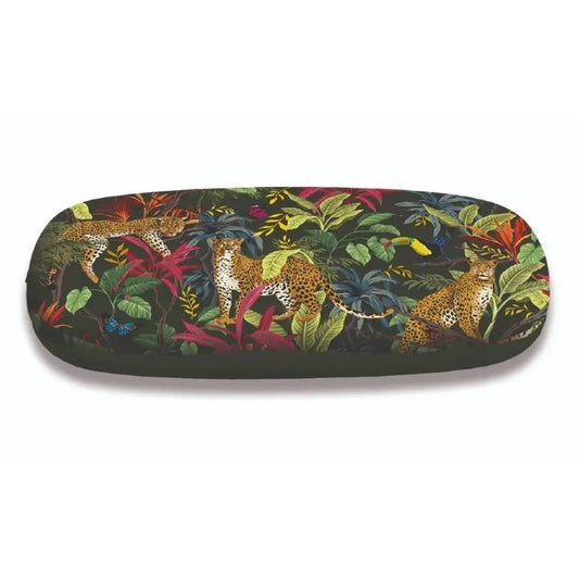 Étui à lunettes rigide avec illustration de léopards dans une jungle tropicale, marque Cartes d'Art.