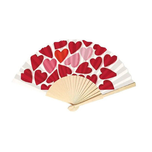 Éventail en bois et tissu blanc avec motifs de cœurs rouges et roses de la marque Cartes d'Art.