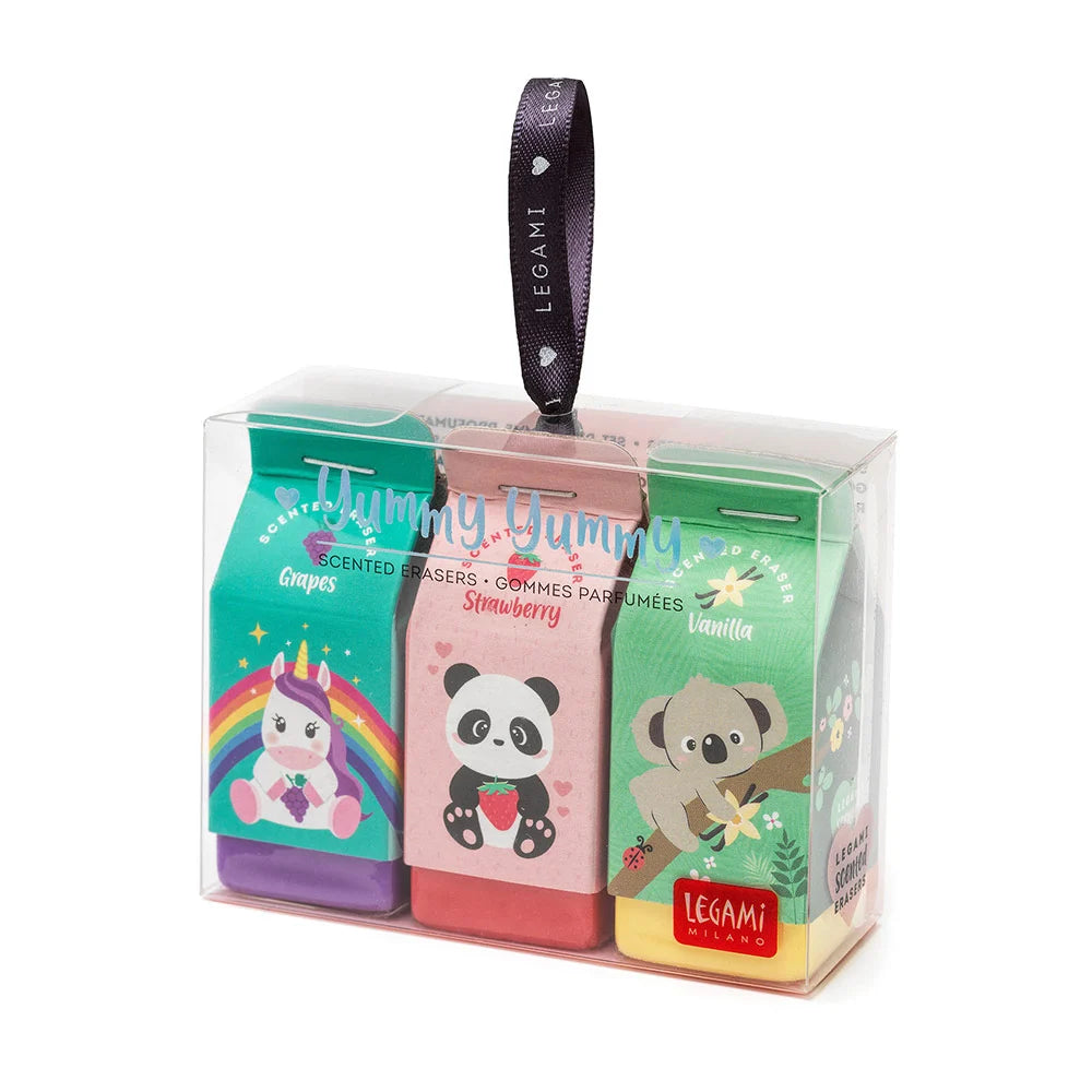 Set de 3 gommes parfumées Yummy Yummy de Legami. Modèles licorne, panda et koala. Parfums raisin, fraise et vanille.