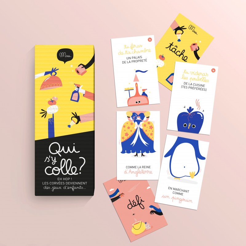 Dos de la boîte Qui s'y Colle Minus - 30 cartes Tâche et 30 cartes Défi, jeu de corvées familial dès 4 ans
