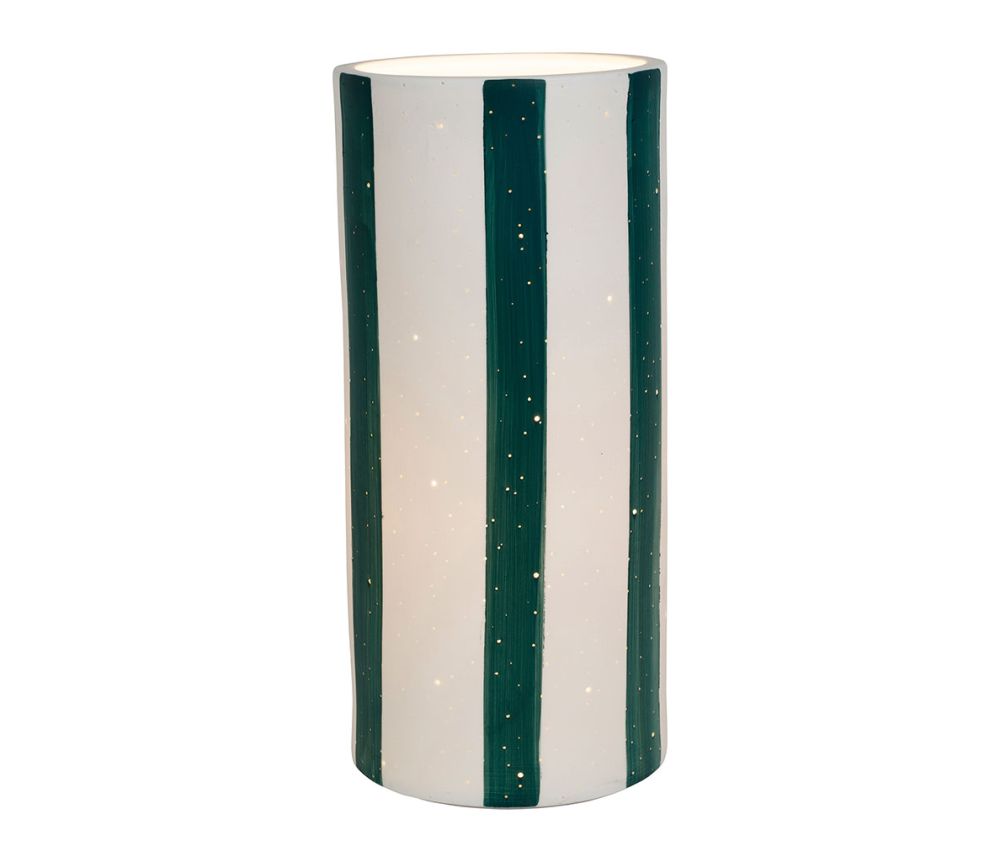 Lampe cylindrique allumée haute en porcelaine vert émeraude avec motifs perforés ajourés, marque SEMA Design.