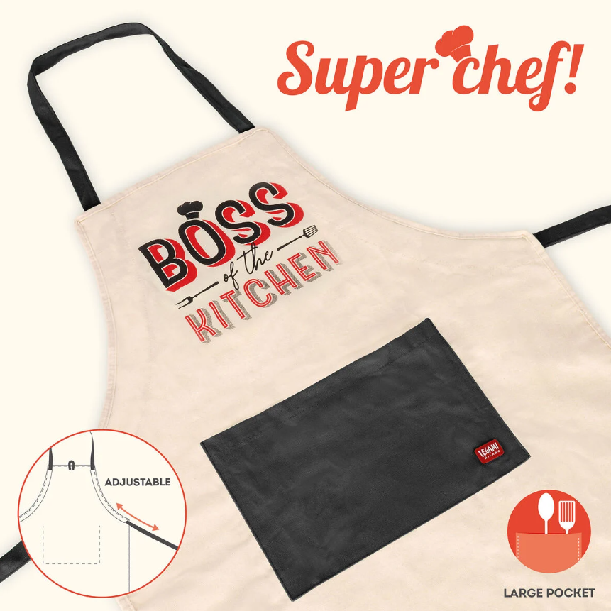 Zoom sur la poche frontale et la texture du tissu du tablier Legami The Boss.