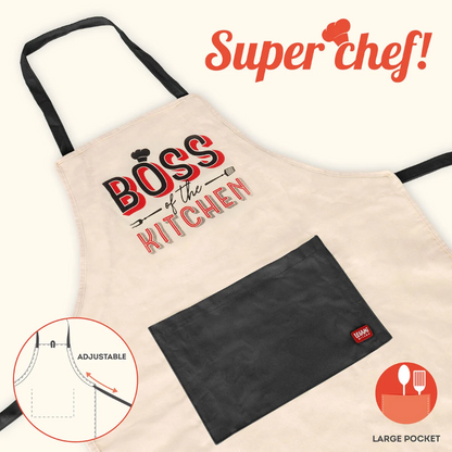 Zoom sur la poche frontale et la texture du tissu du tablier Legami The Boss.