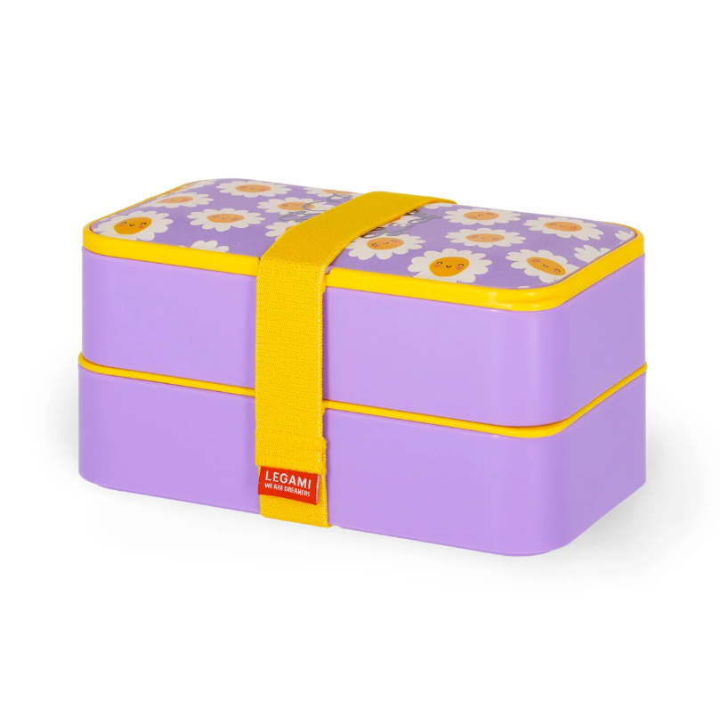 Lunch Box Daisy Legami avec motifs de marguerites blanches et bande élastique.