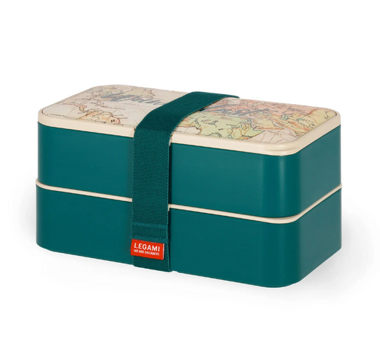 Lunch Box Travel Legami design bento bleu avec motif voyage et bande élastique.