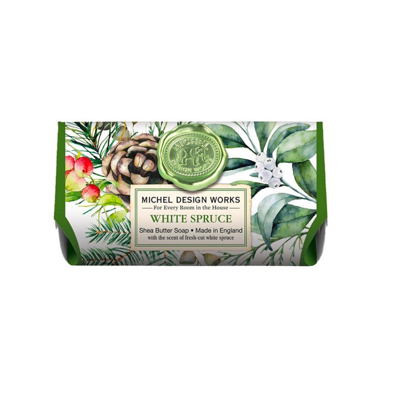 Savon de luxe White Spruce Michel Design Works 246g, parfum épicéa blanc et fruits, cadeau de Noël.