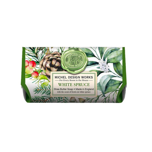 Savon de luxe White Spruce Michel Design Works 246g, parfum épicéa blanc et fruits, cadeau de Noël.