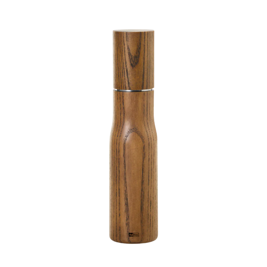 Grand moulin à poivre et sel en bois d'acacia foncé, design minimaliste et élancé, hauteur 27 cm.