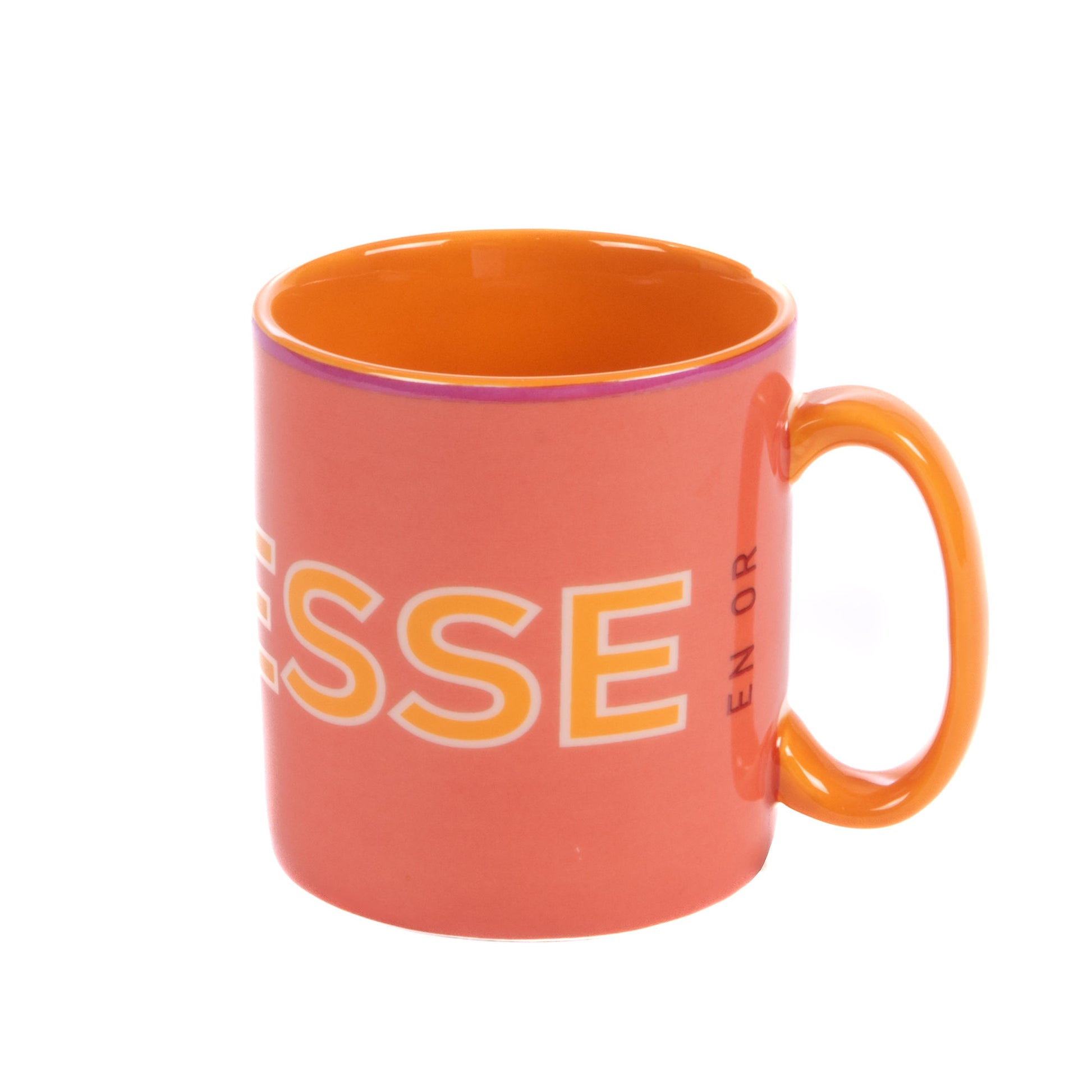 Mug en porcelaine corail avec intérieur orange vif marqué Maîtresse Sunny, design moderne pour le petit déjeuner.