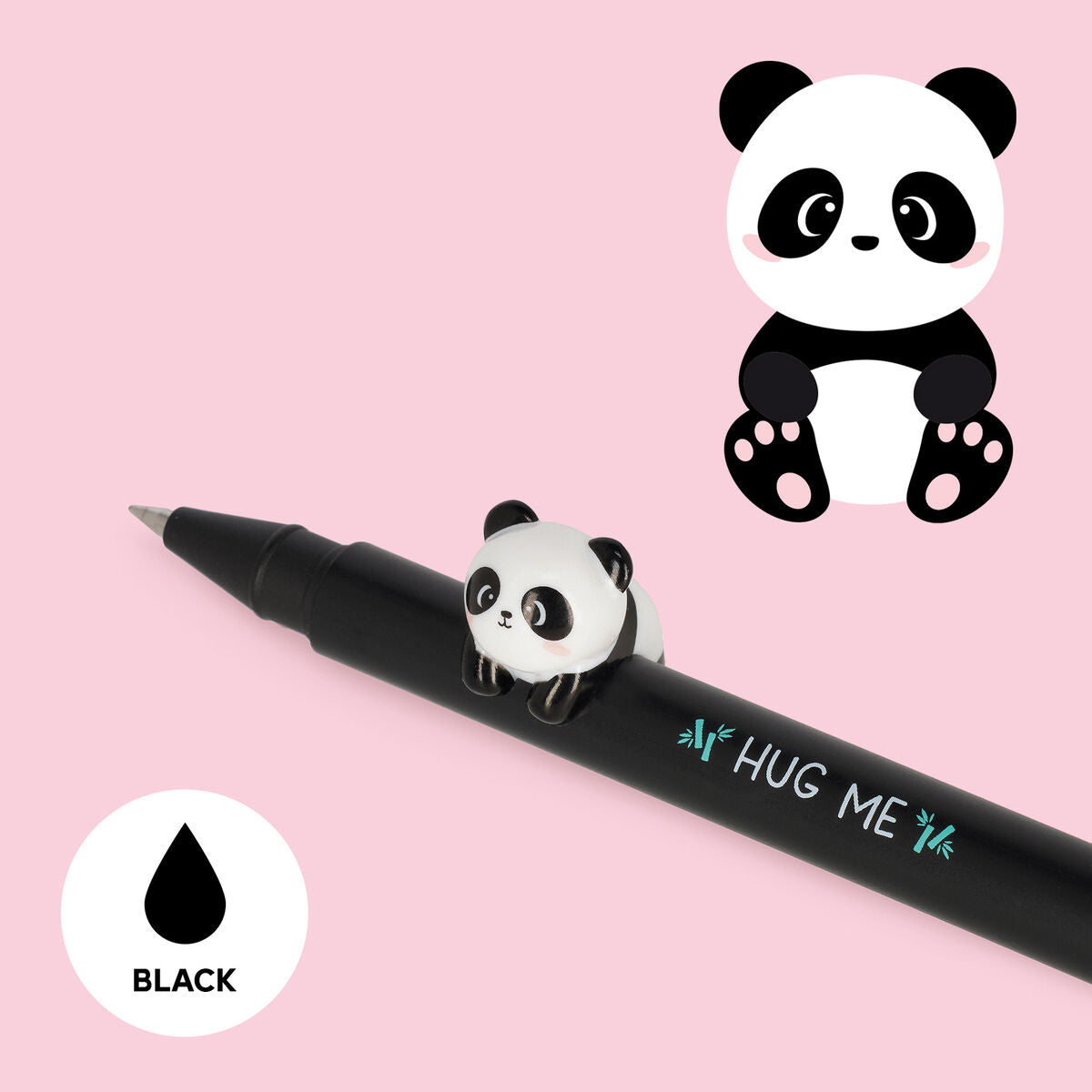Détail adorable panda anti-roulant stylo gel Legami Hug Me – posé sur bureau collection Lovely Friends