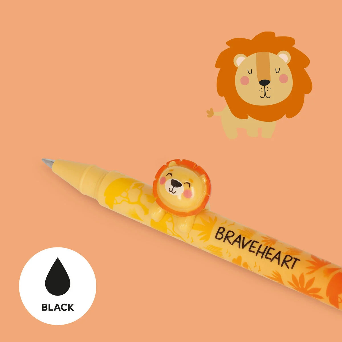 Détail petit lion décoratif anti-roulant stylo gel Legami – posé sur bureau collection Lovely Friends