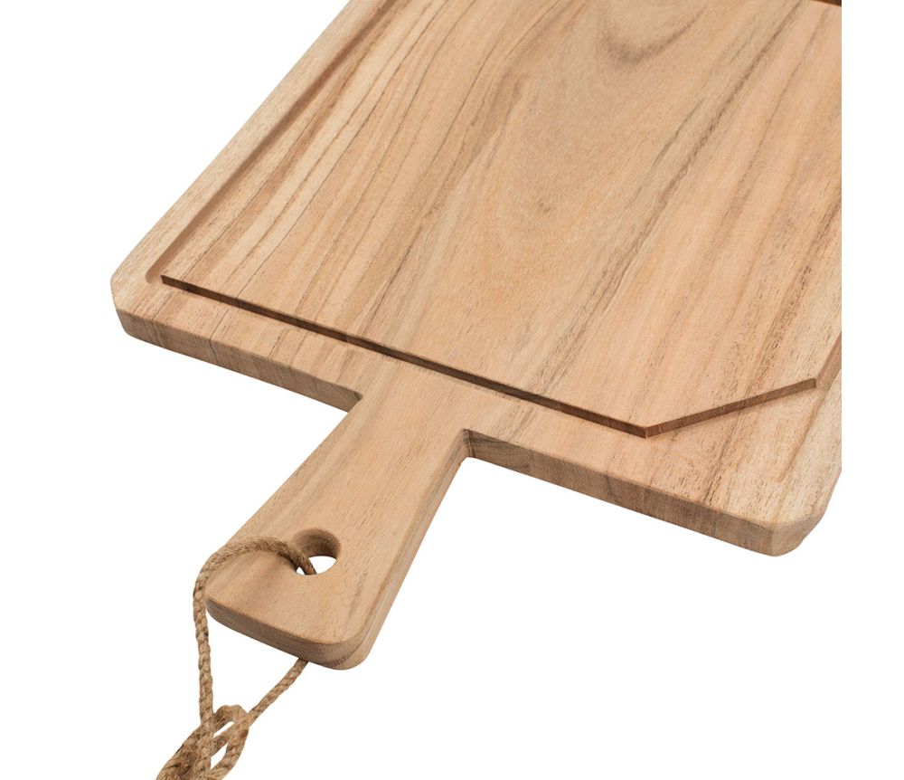 Détail manche ergonomique et lien jute planche Dalbert acacia Côté Table – suspension déco murale rustique
