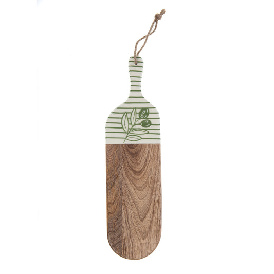 Planche à découper allongée en bois de manguier avec manche décoré d'un motif végétal et cordon de suspension.