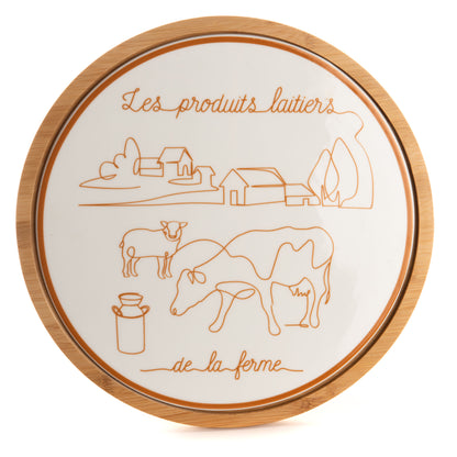 Grand plat à fromage rond blanc en porcelaine New Bone China avec illustrations de ferme ocre et liseré imitation bois, diamètre 34 cm.