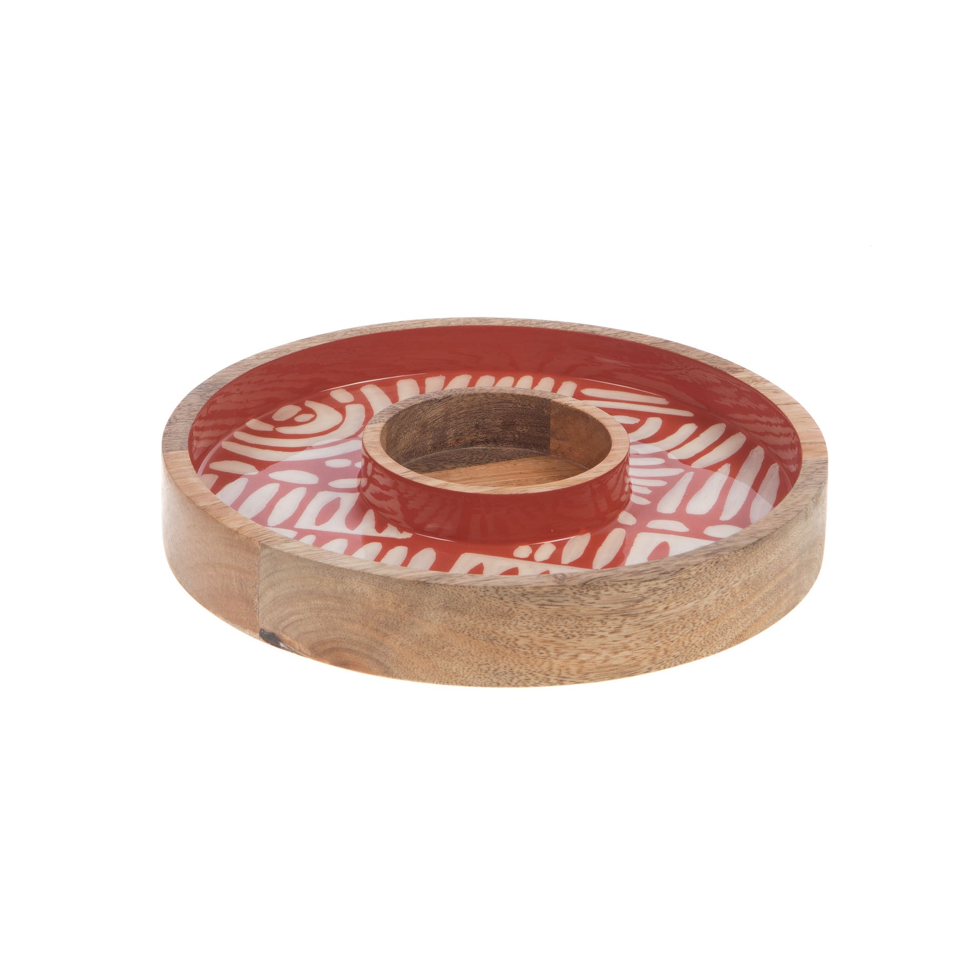 Plat rond en bois de manguier avec centre rouge laqué, présentation apéritif artisanale, diamètre 25 cm.
