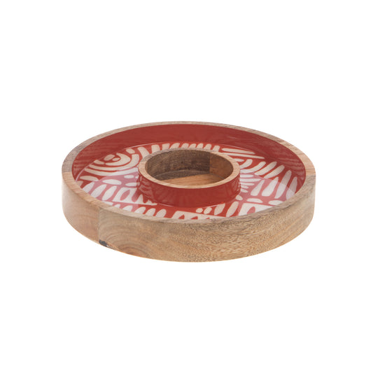 Plat rond en bois de manguier avec centre rouge laqué, présentation apéritif artisanale, diamètre 25 cm.