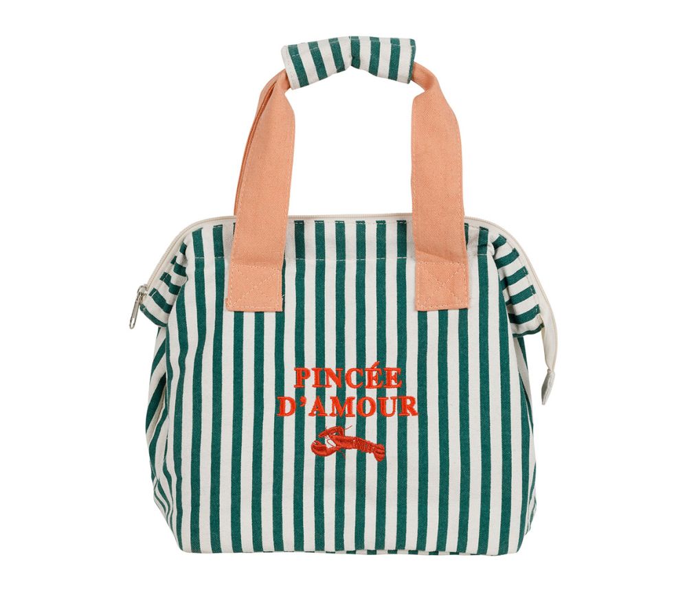 Sac isotherme vert à rayures broderie homard Pincée d'Amour SEMA Design lunch bag