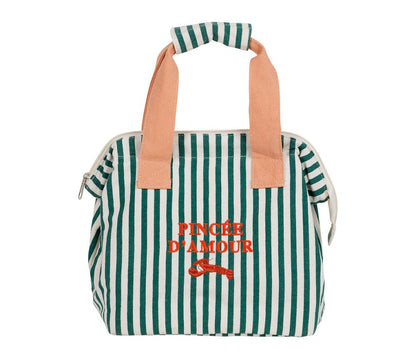 Sac isotherme vert à rayures broderie homard Pincée d'Amour SEMA Design lunch bag