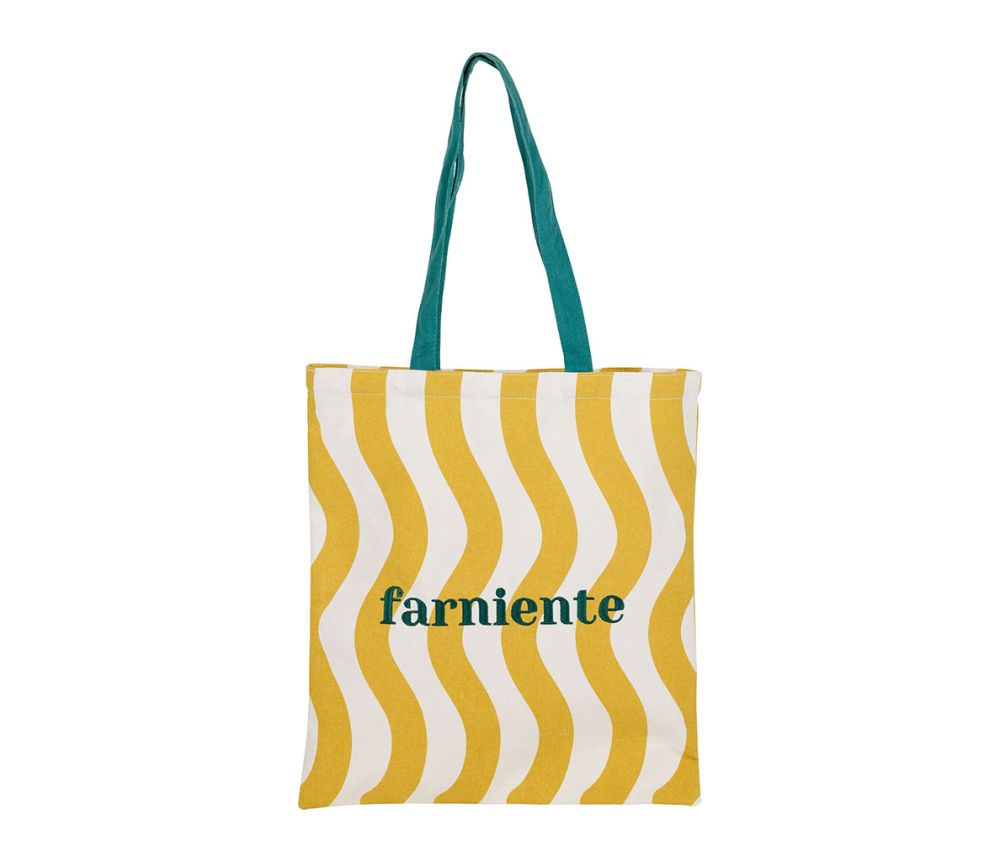 Sac tote bag en coton moutarde à vagues avec broderie farniente vert émeraude SEMA Design