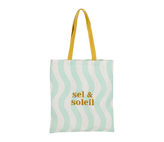 Sac tote bag en coton vert d'eau à vagues avec broderie sel et soleil jaune moutarde SEMA Design