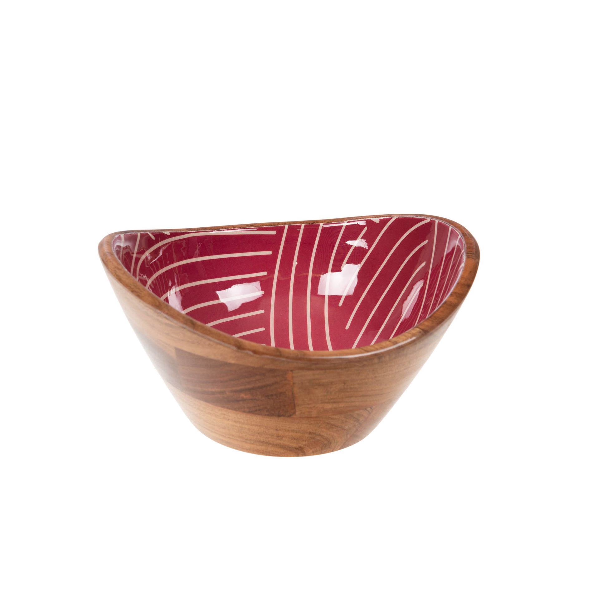 Saladier moyen en bois d'acacia massif avec intérieur laqué rouge bordeaux et lignes blanches graphiques.