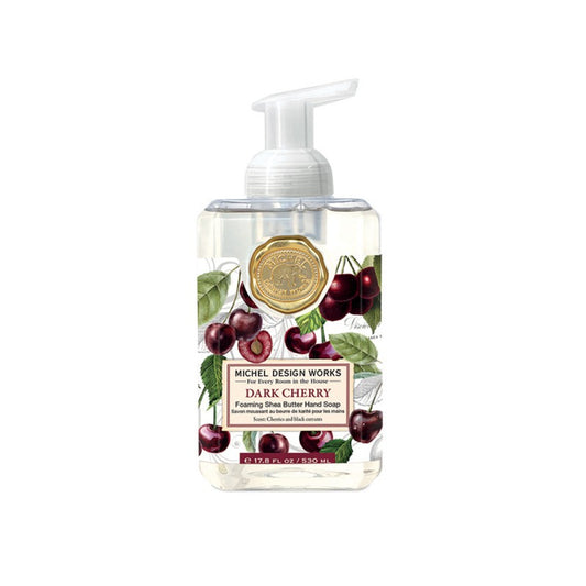 Flacon de savon moussant Dark Cherry 530ml, étiquette illustrée de cerises noires, savon mains au beurre de karité.