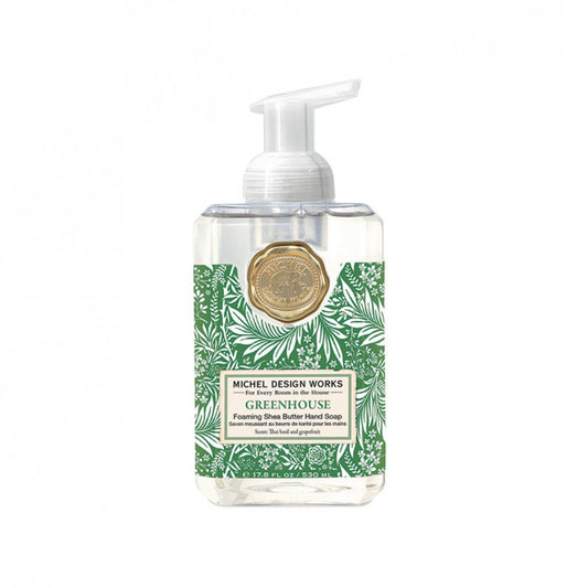 Flacon de savon moussant Greenhouse Michel Design Works 530ml, illustration botanique de plantes aromatiques et d'agrumes.