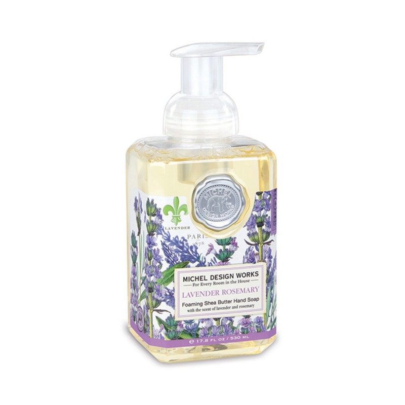 Flacon de savon moussant Lavender Rosemary Michel Design Works 530ml, décor illustré de brins de lavande et de romarin.