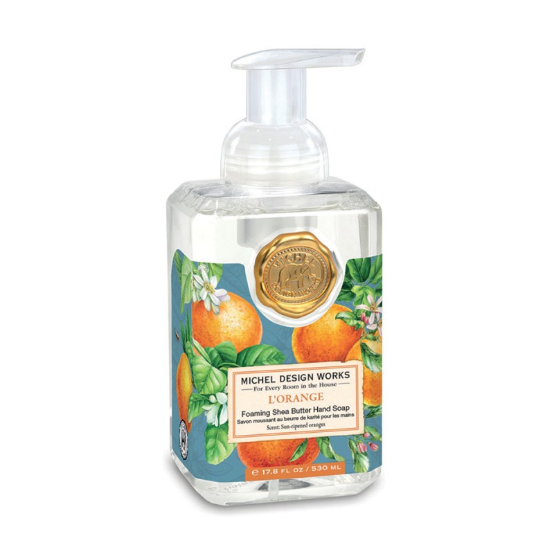 Flacon de savon moussant L'Orange Michel Design Works 530ml, illustration vintage d'oranges et de fleurs d'oranger.