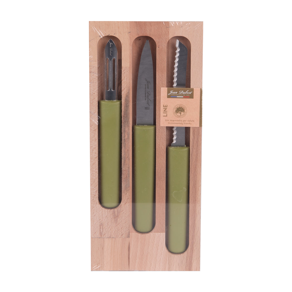 Set de 3 couteaux éco-responsables Jean Dubost vert, manche en canne à sucre, fabriqué en France.
