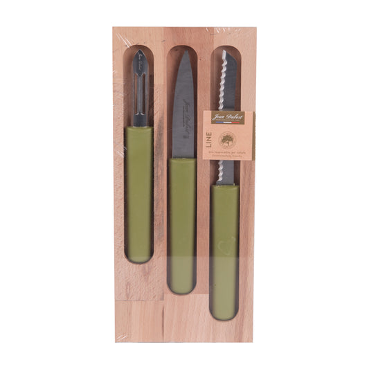 Set de 3 couteaux éco-responsables Jean Dubost vert, manche en canne à sucre, fabriqué en France.