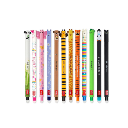 Stylos gel effaçables Legami avec figurines animaux et encre colorée.