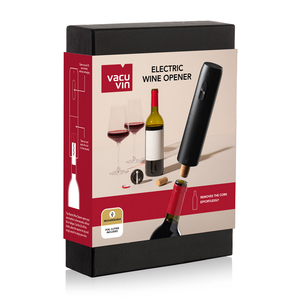 Coffret tire-bouchon électrique rechargeable USB Vacu Vin au design moderne noir mat avec coupe-capsule.